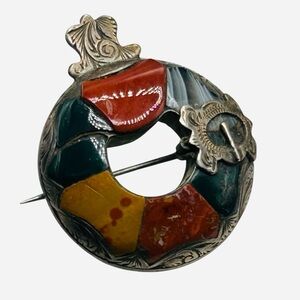 Antique Victorian Sterling Scottish Agate Buckle Brooch